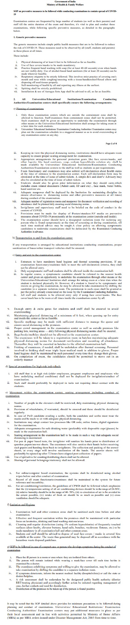 Health Ministry releases Standard Operating Procedure on preventive measures to be followed while conducting examinations to contain spread of COVID19. 