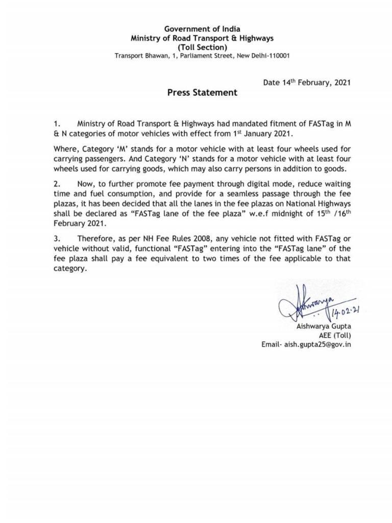 All lanes in Toll plazas on National Highways to become FASTag lanes