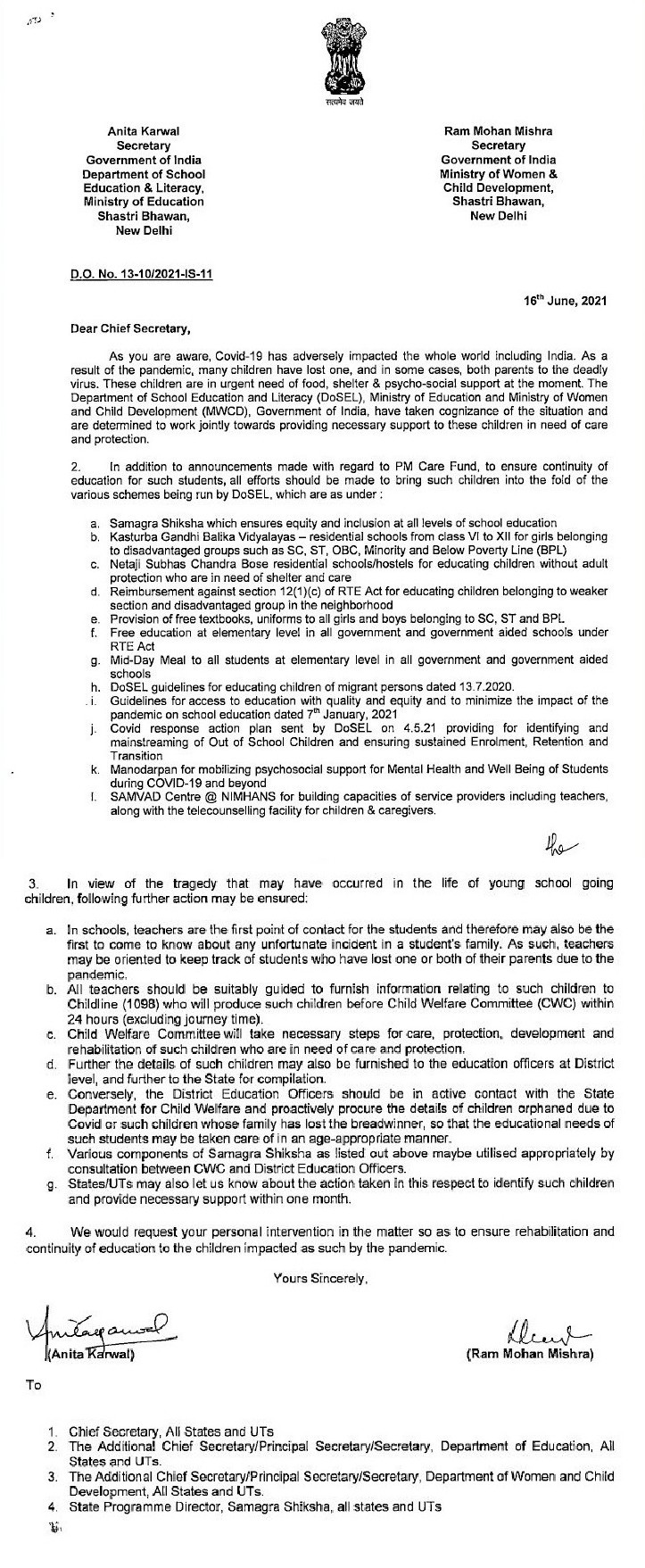 GoI further steps to support the education of children whoever lost parents due to Covid-19