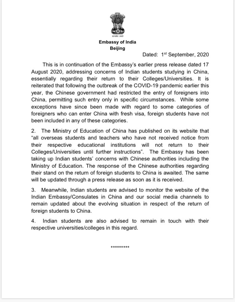 Important notice for Indian students wishing to return to China for their studies. 