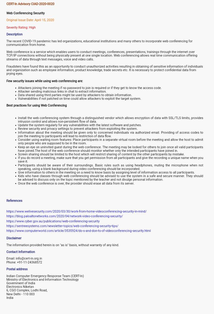 Indian Computer Emergency Response team advice for Web Conference