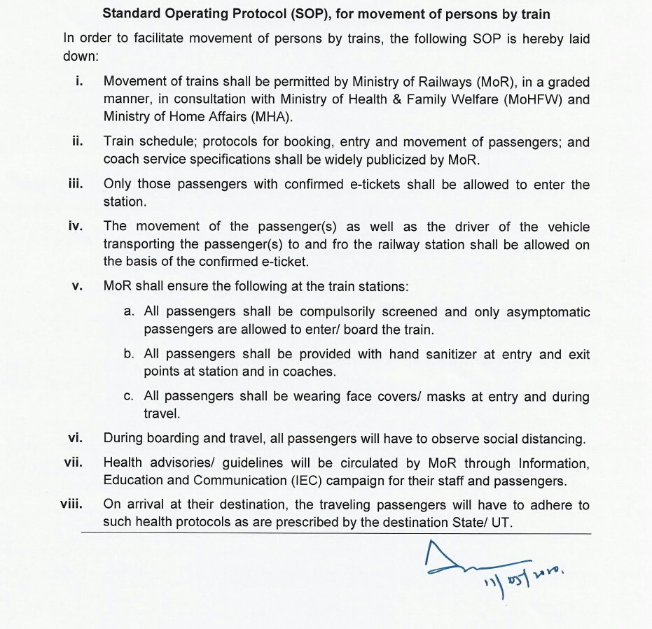 MHA issues Standard Operating Protocol (SOP) to facilitate Movement of Persons by Train