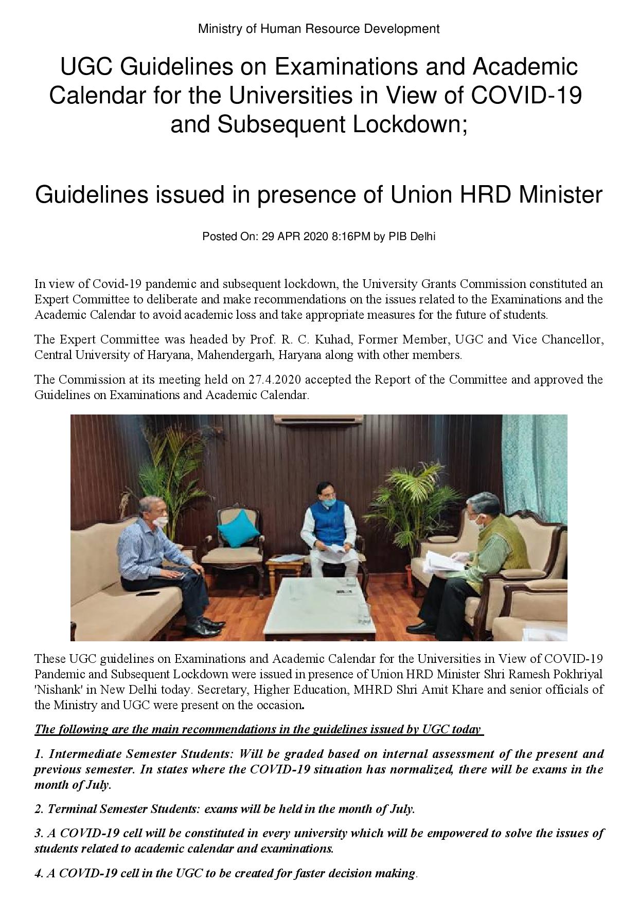 UGC guidelines on Examinations and Next Academic Calender in the view of COVID19