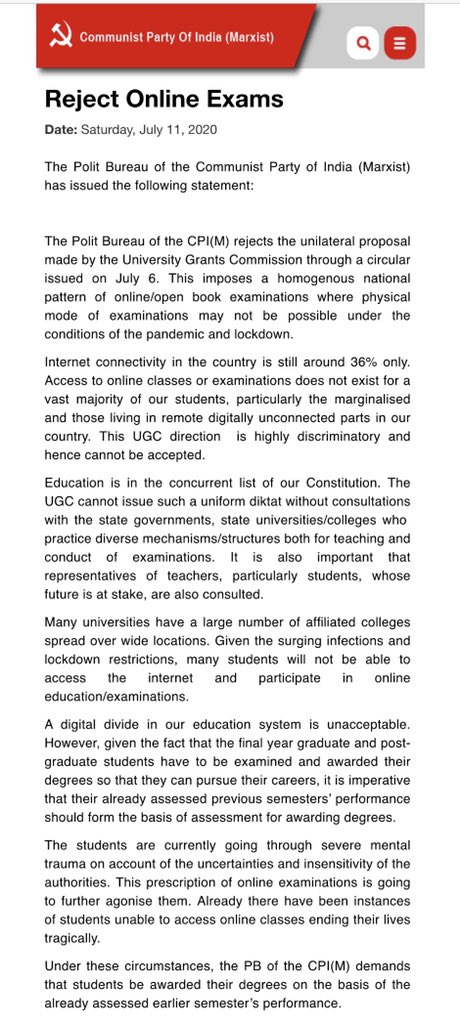 CPI stand on Online Exams