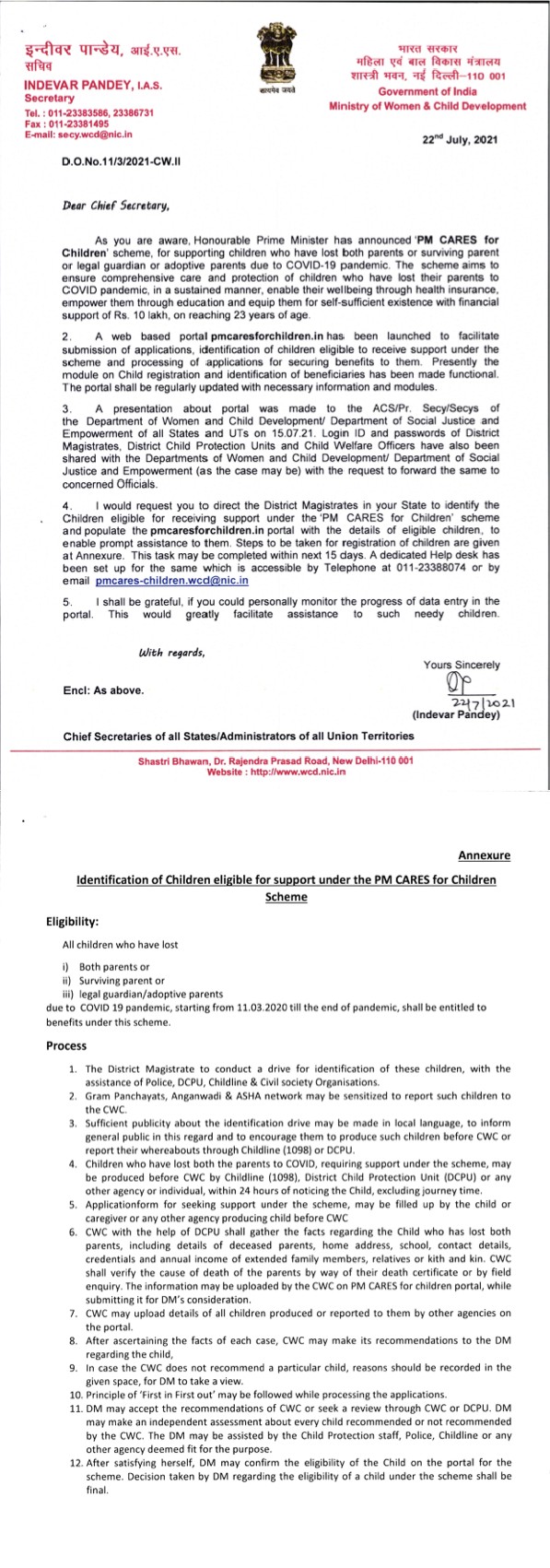 Ministry of Women & Child Development  further steps to identify the children eligible for receiving support under PM CARES