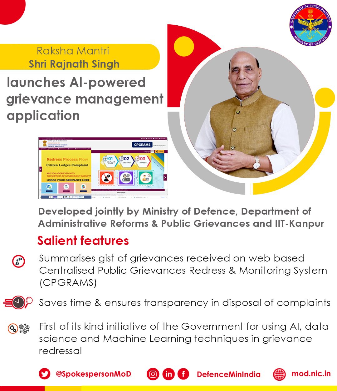 Raksha Mantri launches Artificial Intelligence powered grievance management application